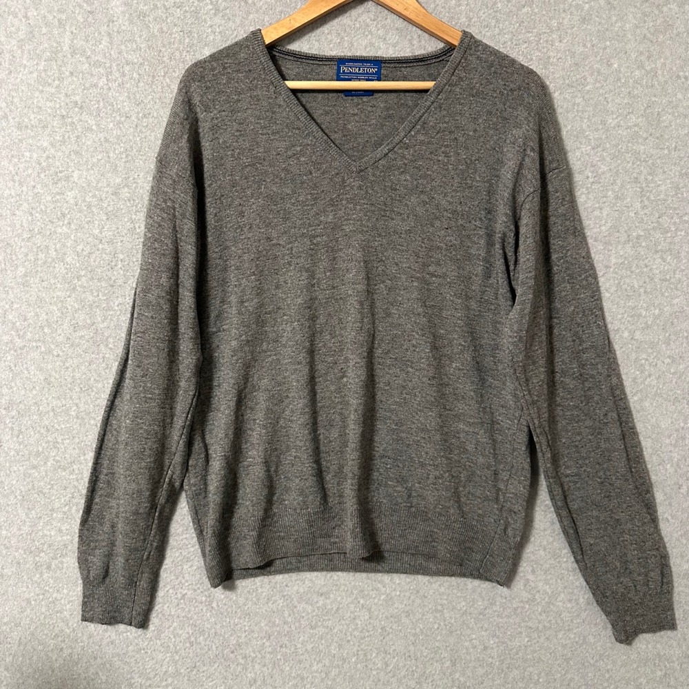 Pendleton Sweater Mens M Gray V-Neck 100% Lambswool Knit Pullover Classic
